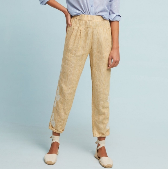 Anthropologie Pants - Anthropologie embroidered  linen pants ankle stripes elastic waist women size S